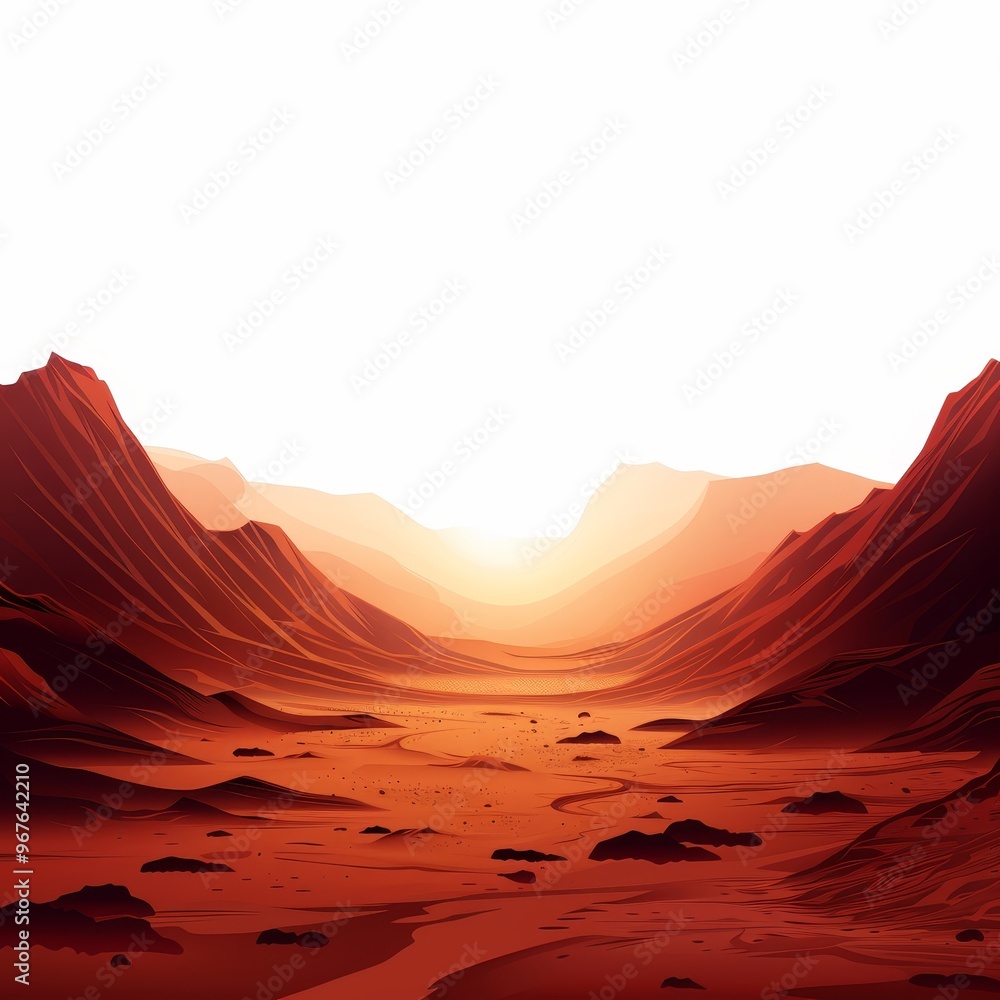 Naklejka premium A stunning landscape showcasing red mountains with a serene sunset, creating a breathtaking view of nature's beauty.