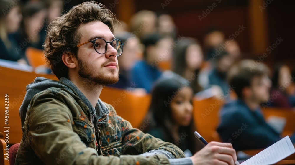 Student taking detailed notes during a lecture, fully engaged and absorbed in the learning process Student taking detailed notes during a lecture, fully engaged and absorbed in the learning process