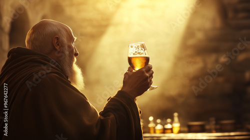 A medieval monk raising a glass of freshly brewed ale against a rustic, stage-like background, symbolizing dedication to abbey brewing through the ages and the rich tradition of br