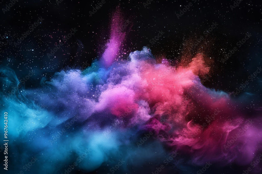 Obraz premium Abstract cosmic nebula with pink and blue clouds against a starry black background.