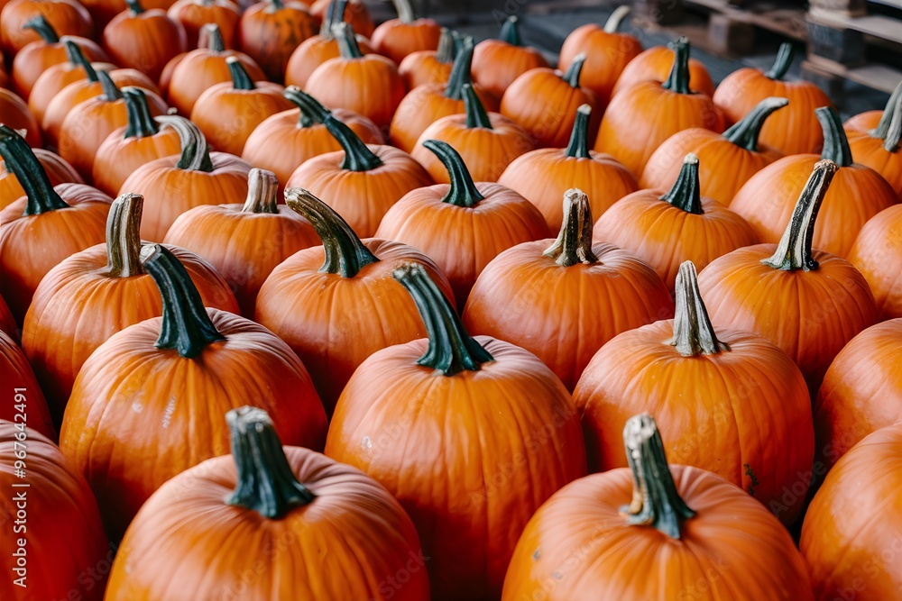 Bright orange pumpkins arranged in rows, green stems and wooden pallet background Bright orange pumpkins arranged in rows, green stems and wooden pallet background