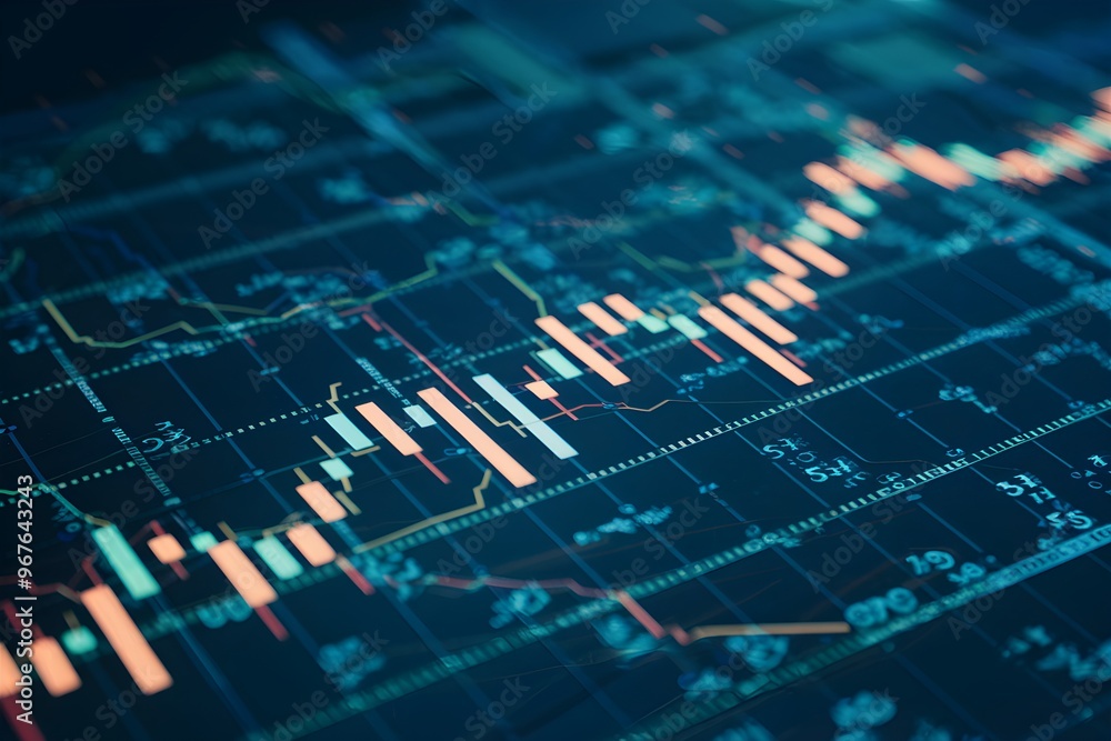 Digital candlestick chart reflects market trends, set on grid with scattered numbers Digital candlestick chart reflects market trends, set on grid with scattered numbers