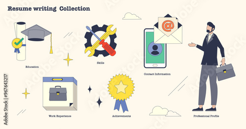 Resume and CV writing as job application letter tiny neubrutalism collection set. Labeled elements with education, skills and work experience to describe your professional profile vector illustration