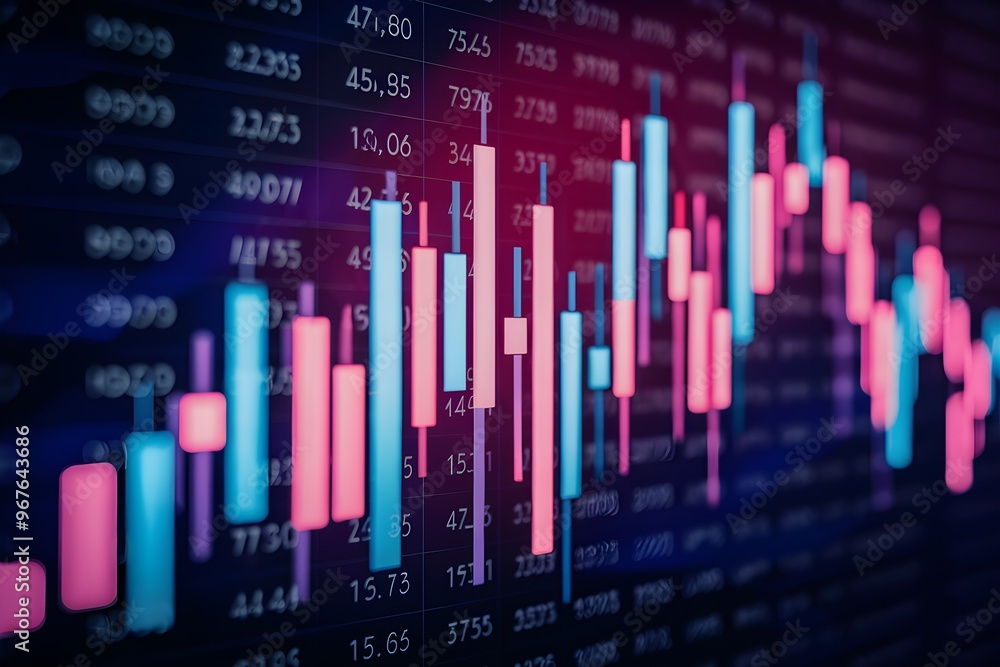 Stock market graph with candlestick bars in blue, pink, and purple futuristic tones Stock market graph with candlestick bars in blue, pink, and purple futuristic tones