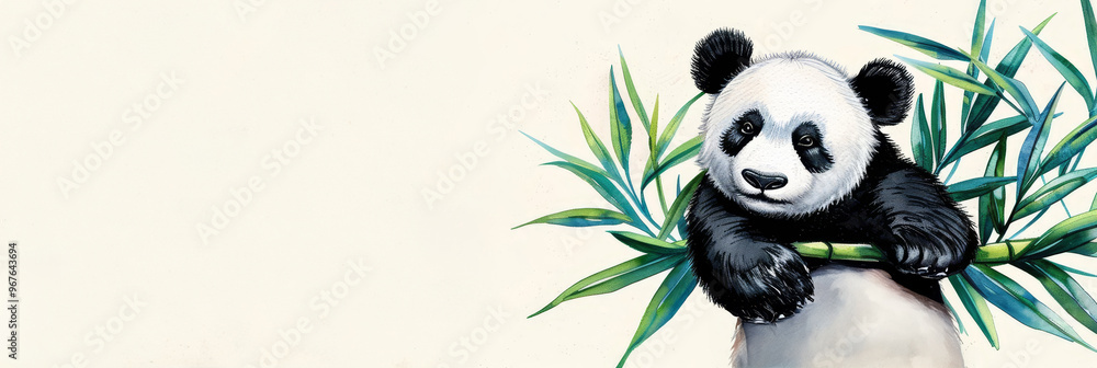 Fototapeta premium Cute panda bear holding onto a bamboo stalk.