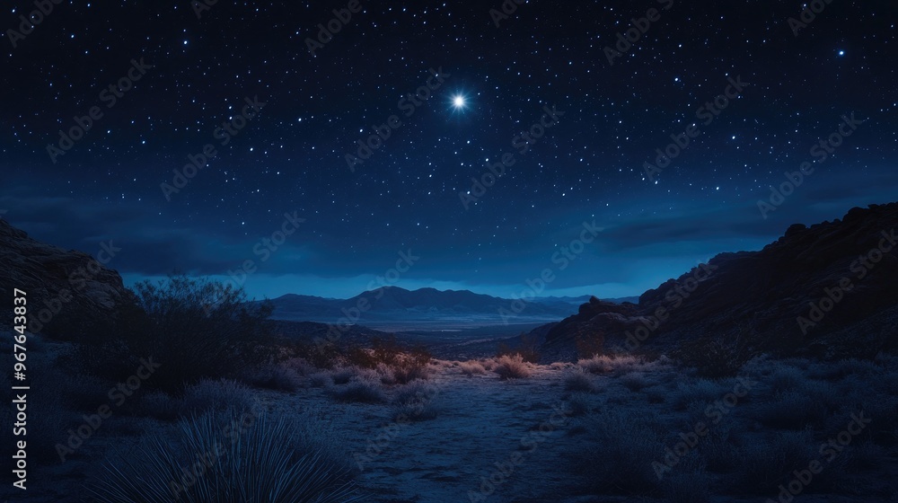 Fototapeta premium A lone star shines in the distance, lighting up a quiet desert landscape under the night sky.