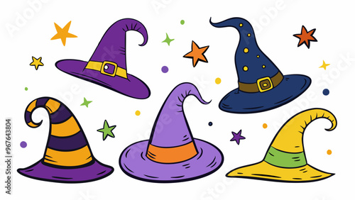 Set of vector colorful images of witch hats in doodle style on white background