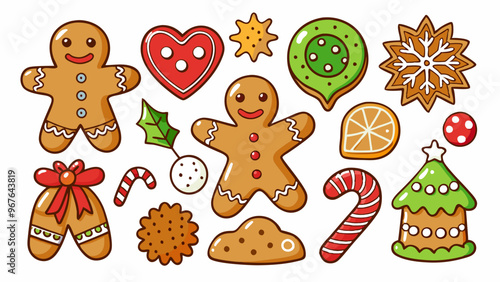 Large set of vector Christmas gingerbread cookies of different shapes in cartoon style