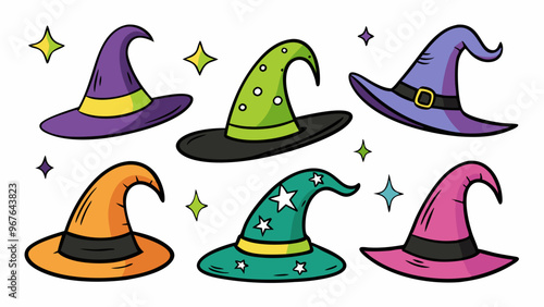 Set of vector colorful images of witch hats in doodle style on white background