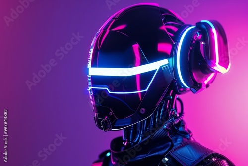 Futuristics robot cyborg with neon cyberpunk light helmet Blue pink and purple colorful tone photo