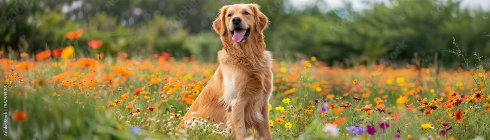 Golden retriever sitting in a vibrant flower field, surrounded by colorful blooms and lush greenery on a bright, sunny day. Golden retriever sitting in a vibrant flower field, surrounded by colorful blooms and lush greenery on a bright, sunny day.