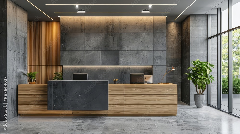 Modern office lobby with reception desk, chairs, plants and wooden accents. Modern office lobby with reception desk, chairs, plants and wooden accents.