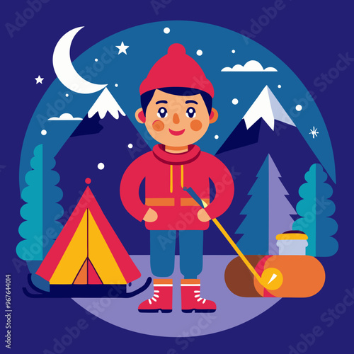 Cheerful camper standing with a sleeping bag in front of a tent and mountains at night