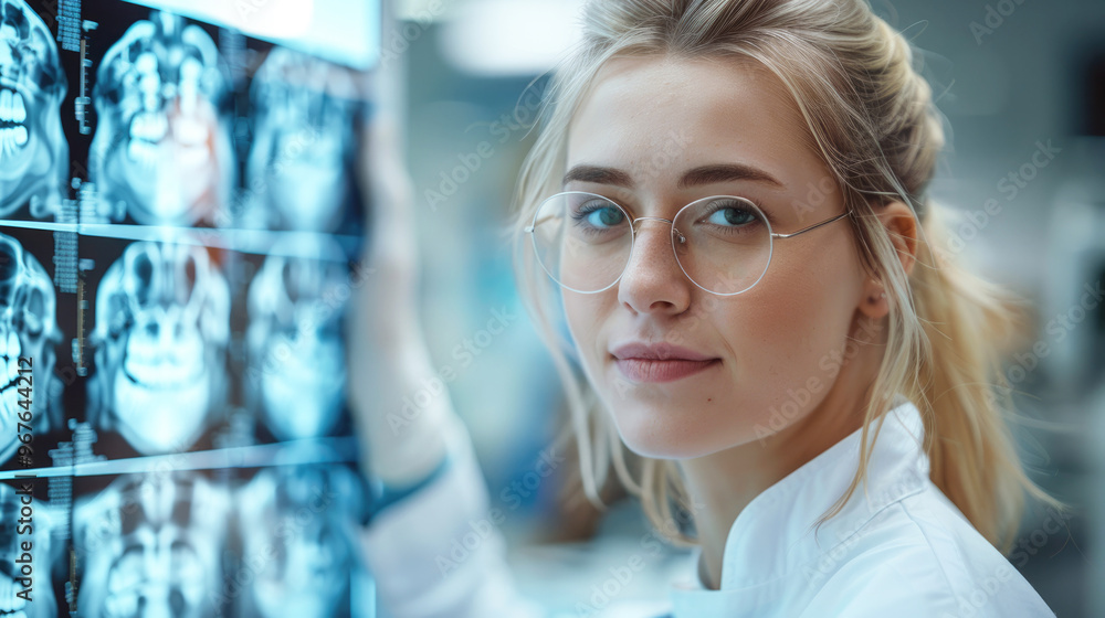 A young female dentist in a white uniform against the background of a modern dental office and an X-ray image of the patient’s teeth. Image for a dental clinic website, advertising dentist services. A young female dentist in a white uniform against the background of a modern dental office and an X-ray image of the patient’s teeth. Image for a dental clinic website, advertising dentist services.