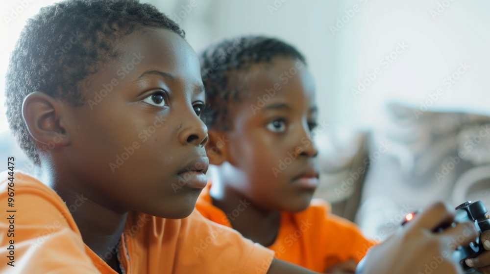 Fototapeta premium Two boys enjoying video games together in a modern, brightly lit living room.