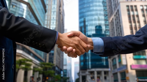 Two businessmen shaking hands in front of a city skyline.