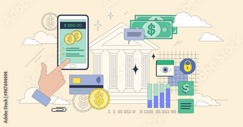 Open banking and financial services data share tiny neubrutalism concept. API integration for digital money platforms and apps vector illustration. Bank information sharing for third party software.