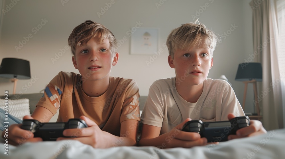 Two teenage friends enjoying a video game night in a sleek, well-lit living space. Two teenage friends enjoying a video game night in a sleek, well-lit living space.