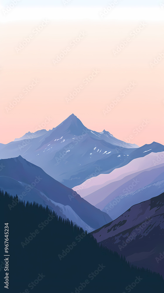 A serene sunset view of majestic mountains, featuring soft pastel colors and detailed silhouettes of the forest below. A serene sunset view of majestic mountains, featuring soft pastel colors and detailed silhouettes of the forest below.