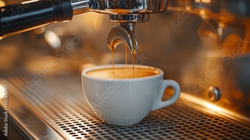 Espresso Machine Pouring Coffee Into a White Cup photo