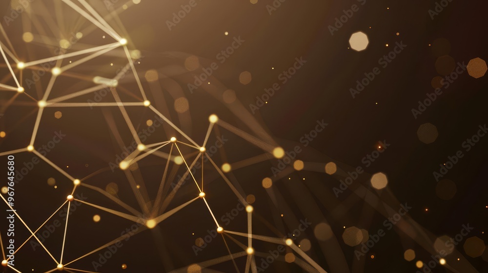 Fototapeta premium Abstract golden network with glowing dots on a dark background