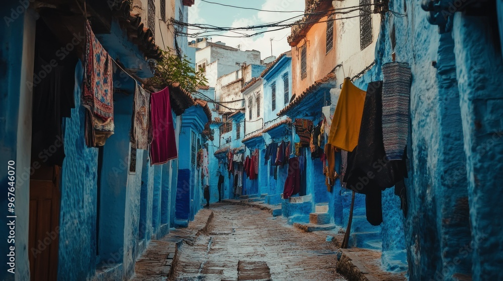 Fototapeta premium A narrow, blue-painted alleyway with clothes hanging out to dry.