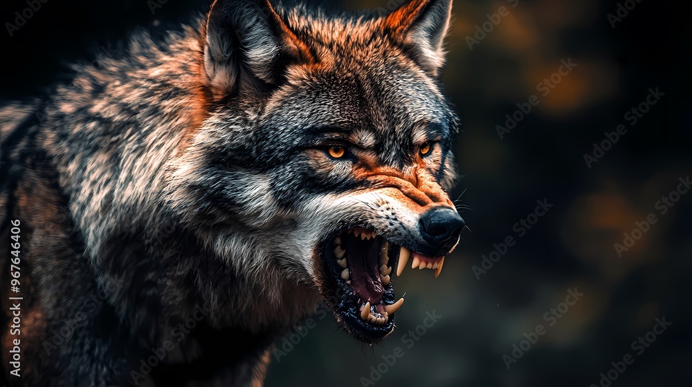 Fierce grey wolf displaying sharp teeth in a dramatic forest setting. Fierce grey wolf displaying sharp teeth in a dramatic forest setting.