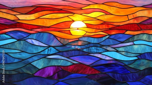 Stained glass sunset over ocean waves, vibrant colors. Artistic expression and nature concept