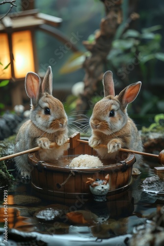 In a serene garden, two rabbits hold long wooden hammers, pounding mochi dough in a traditional tub, morning light photo