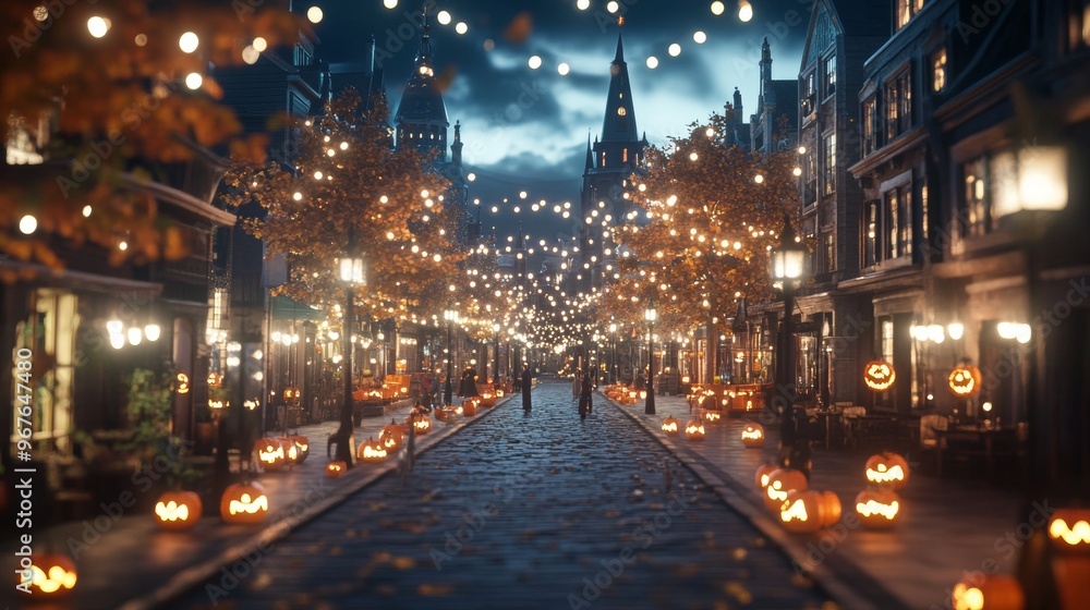 Halloween festival in an ancient town narrow streets filled with glowing lanterns Halloween festival in an ancient town narrow streets filled with glowing lanterns