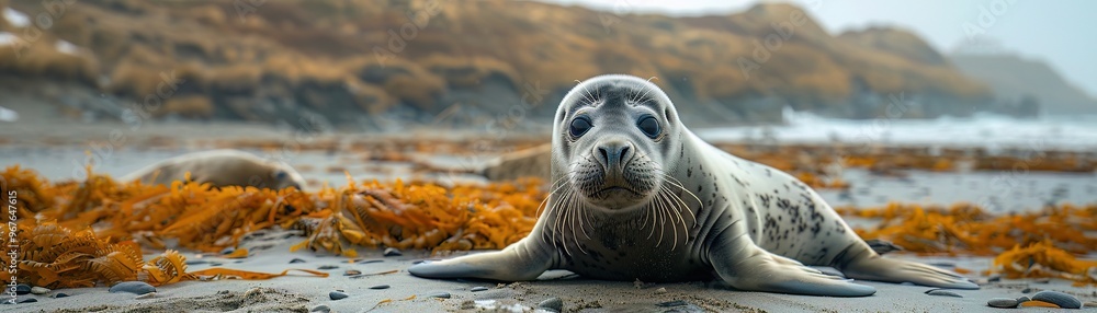 Fototapeta premium Infant elephant seal on the beach, coastal scene with room for text, perfect for marine mammal research fundraisers