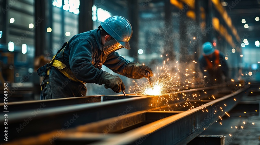 A Welder Working on Metal Beams in an Industrial Setting A Welder Working on Metal Beams in an Industrial Setting
