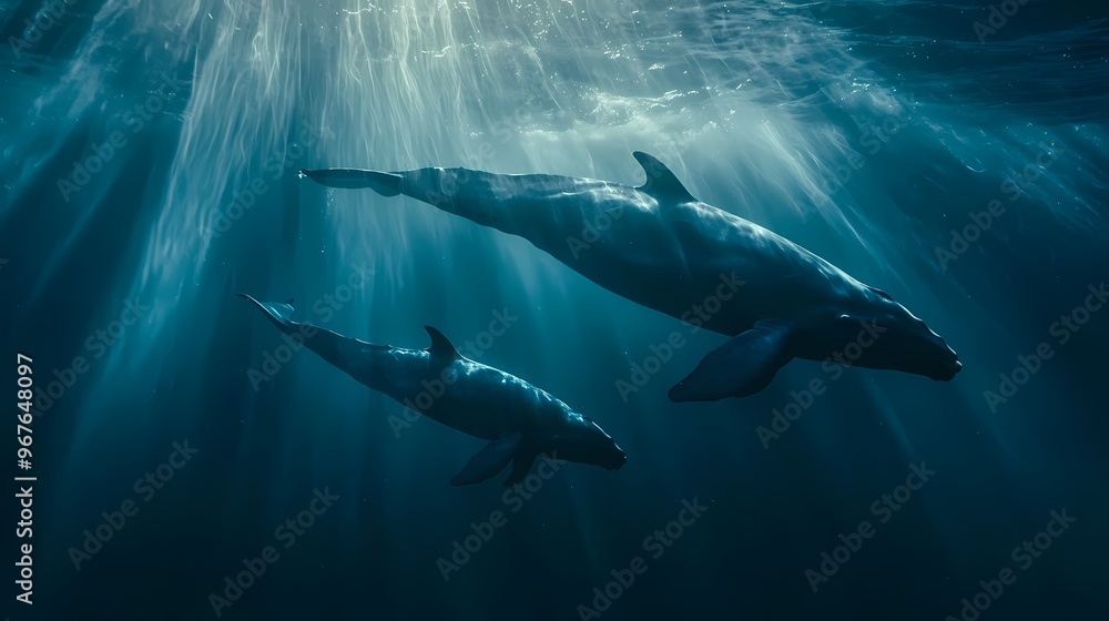 Two majestic whales swimming gracefully in deep blue waters. Two majestic whales swimming gracefully in deep blue waters.