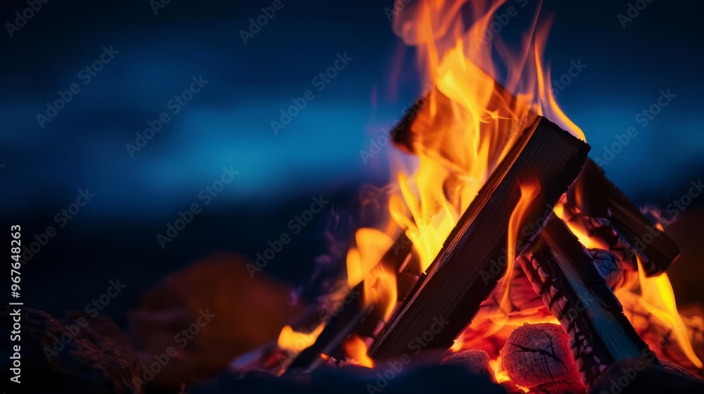 A roaring bonfire burns brightly against a backdrop of a cloudy night sky. A roaring bonfire burns brightly against a backdrop of a cloudy night sky.