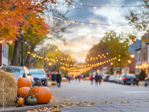 Halloween in a small town square filled with pumpkins