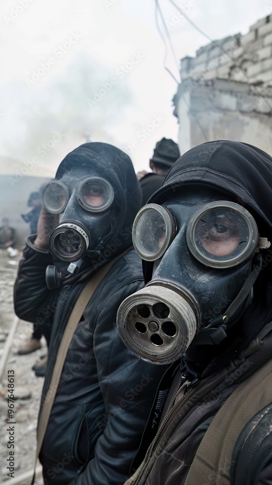 Journalists wearing gas masks report from a recently liberated town, exposing the horrors of chemical weapon use Journalists wearing gas masks report from a recently liberated town, exposing the horrors of chemical weapon use