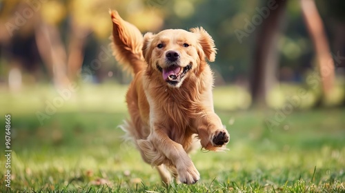 A happy Golden Retriever running through a grassy field.