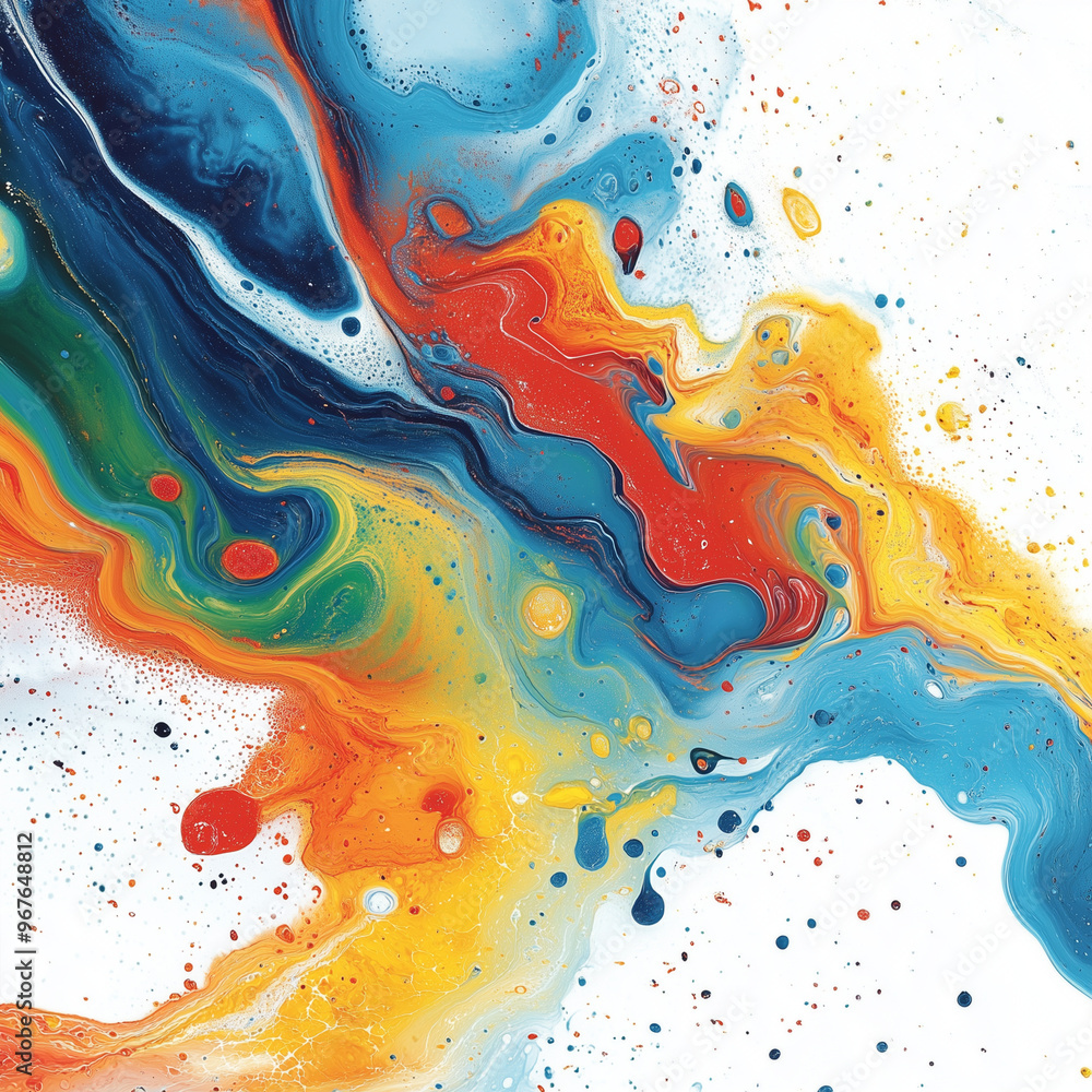 Fototapeta premium A colorful painting with a blue and yellow swirl. The painting is full of bright colors and has a lot of texture. The colors seem to be splattered on the canvas, giving it a sense of movement