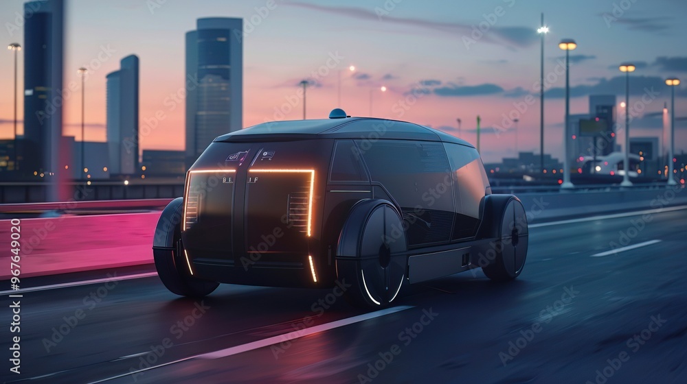 Naklejka premium Lidarequipped vehicle cruising in twilight, symbolizing cuttingedge transport solutions