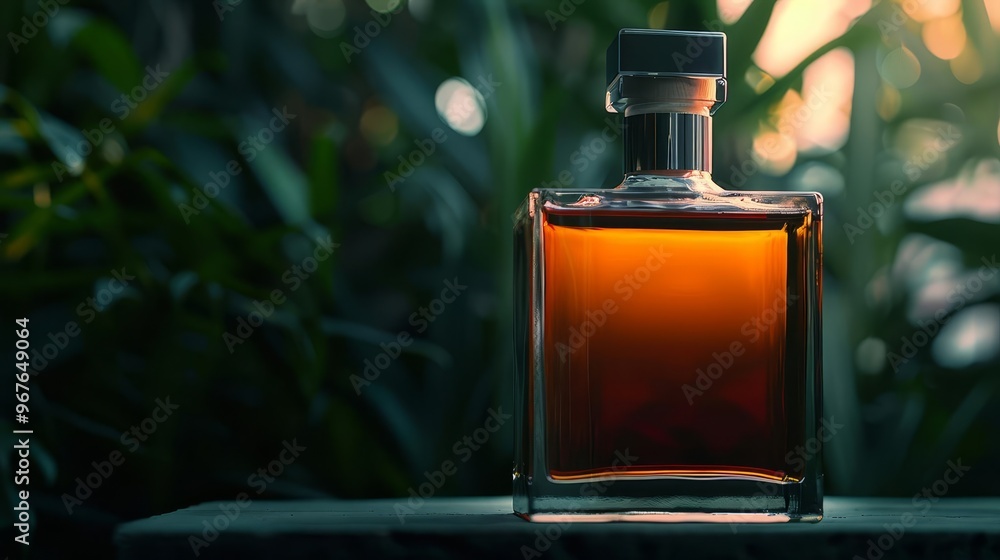 A glass bottle of amber liquid stands on a wooden surface against a backdrop of lush green foliage. A glass bottle of amber liquid stands on a wooden surface against a backdrop of lush green foliage.