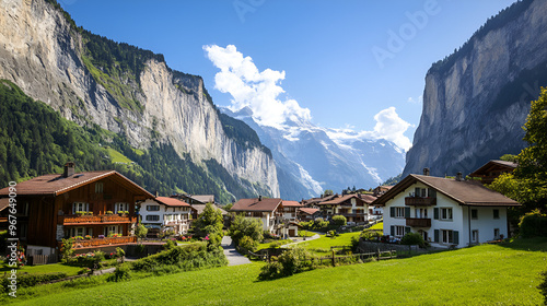 Picturesque Swiss Village Nestled in the Majestic Alps, Travel Photography