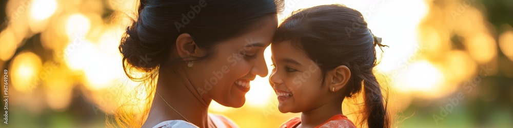 A mother and daughter are smiling at the camera. The mother is holding the daughter's hand. Scene is warm and loving A mother and daughter are smiling at the camera. The mother is holding the daughter's hand. Scene is warm and loving