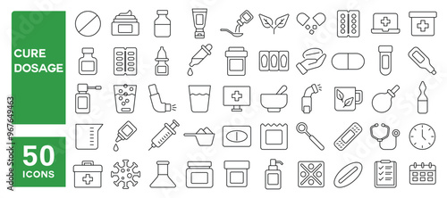 Set of 50 line icons related to cure dosage, medicine, pill, injection, vaccine, syrup, capsule, cream, drops, pharmacological, treatment, Editable stroke. Vector illustration