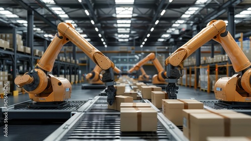 Logistics automation with robotic arms sorting packages in a high-tech warehouse setting with copy space photo