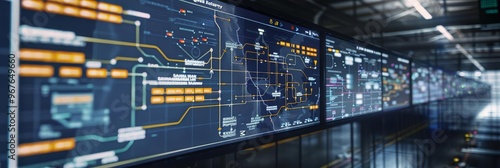 Logistics network map on a screen, highlighting key transportation routes, hubs, and distribution centers with copy space