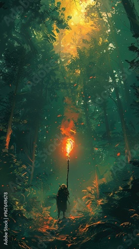 Lone explorer with a fiery torch in a mystical forest, symbolizing quest and discovery photo