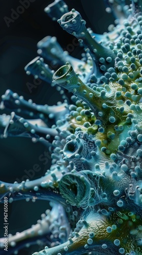 Macro image of a herpes virus, highlighting the icosahedral capsid and surface spikes, ideal for viral morphology education photo