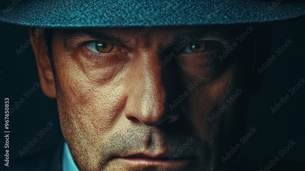 A man wearing a hat and a suit is staring at the camera A man wearing a hat and a suit is staring at the camera