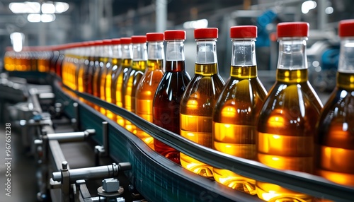 Conveyor belt transporting bottles filled with liquid in a bustling factory environment