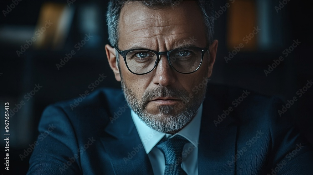 A man in a suit and glasses is looking at the camera with a serious expression A man in a suit and glasses is looking at the camera with a serious expression
